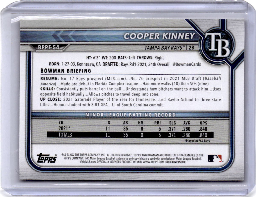 2022 Bowman 1st Edition #BPPF-54 Cooper Kinney Orange Foil #/25