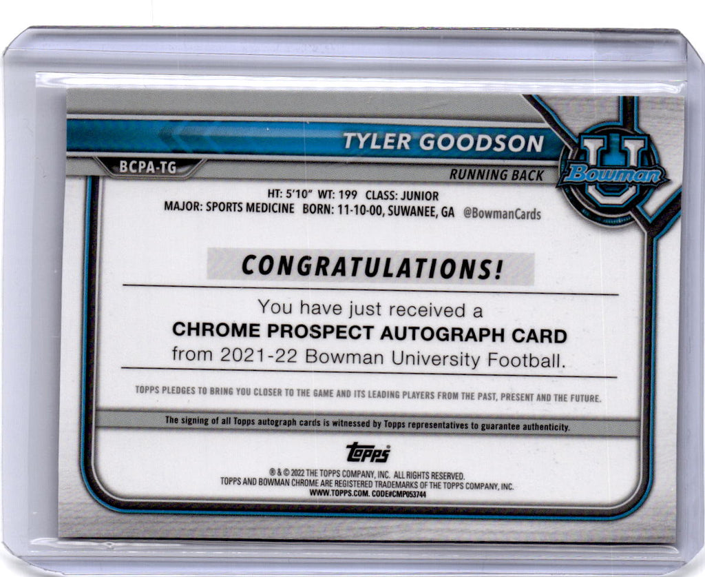 2021-22 Bowman University Tyler Goodson Chrome Prospects Autographs Lava #/199