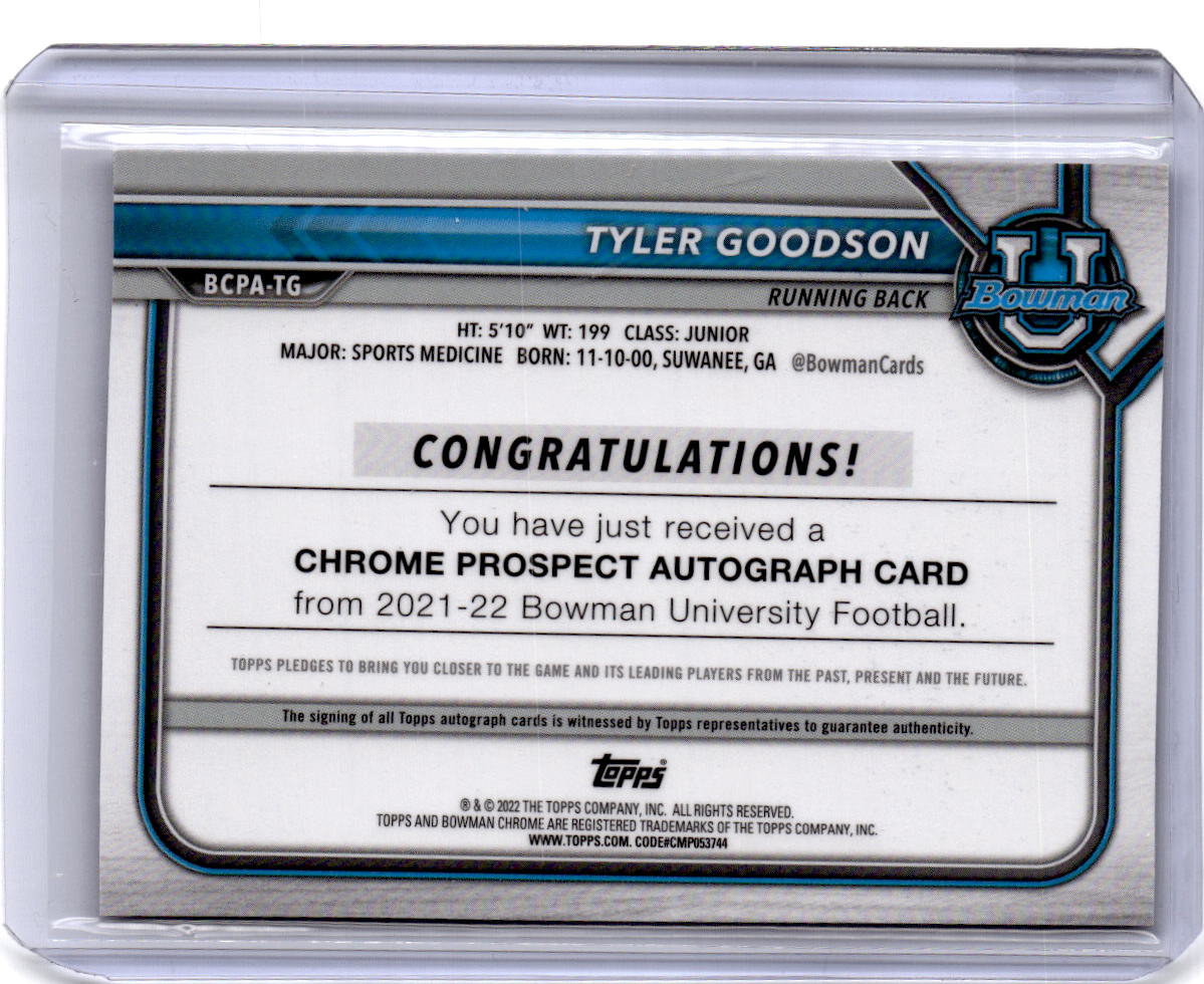 2021-22 Bowman University Tyler Goodson Chrome Prospects Autographs Lava #/199