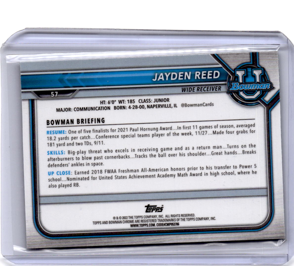 2021-22 Bowman University #57 Jayden Reed Chrome Green Shimmer #/99