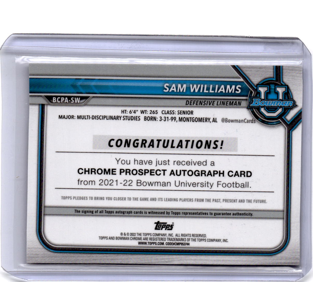 2021-22 Bowman University Sam Williams Bowman Chrome Prospects Autographs