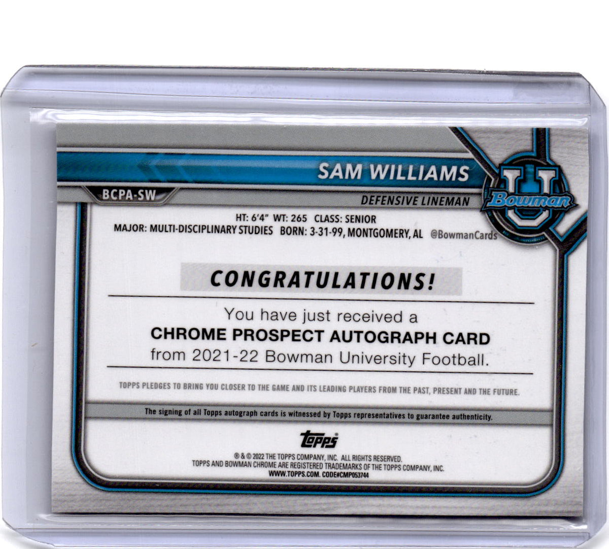 2021-22 Bowman University Sam Williams Bowman Chrome Prospects Autographs
