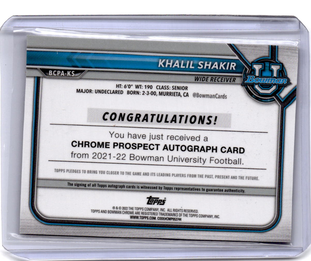 2021-22 Bowman University Khalil Shakir Chrome Prospects Autographs aqua /199