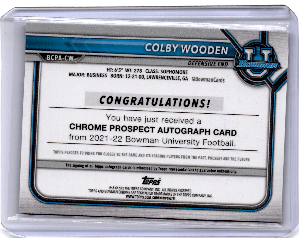 2021-22 Bowman University  Colby Wooden Chrome Prospects Autographs Lava #/199