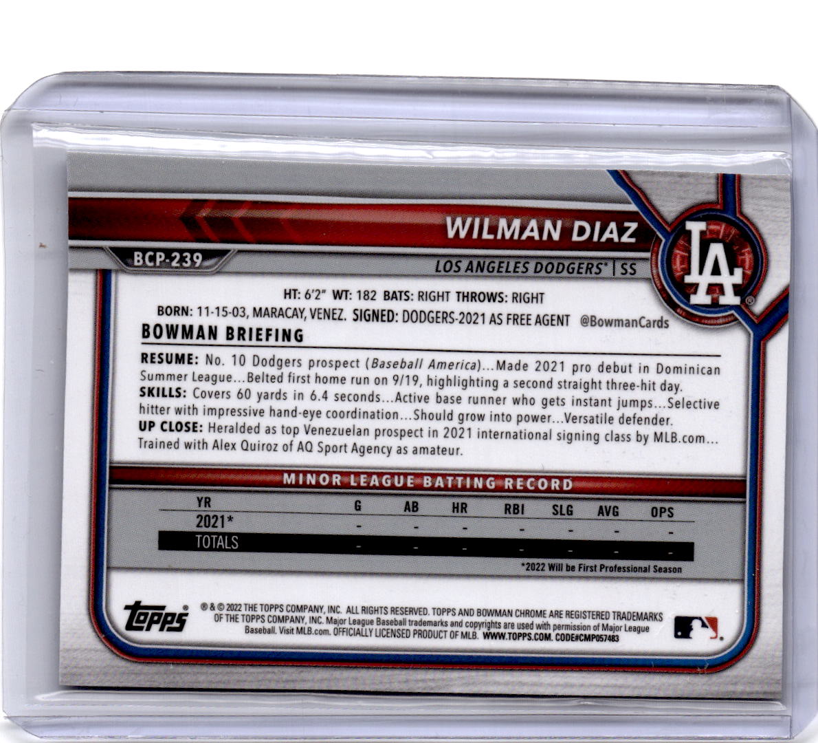 2022 Bowman Chrome Sapphire Edition #BCP-239 Wilman Diaz Prospects Aqua #/99