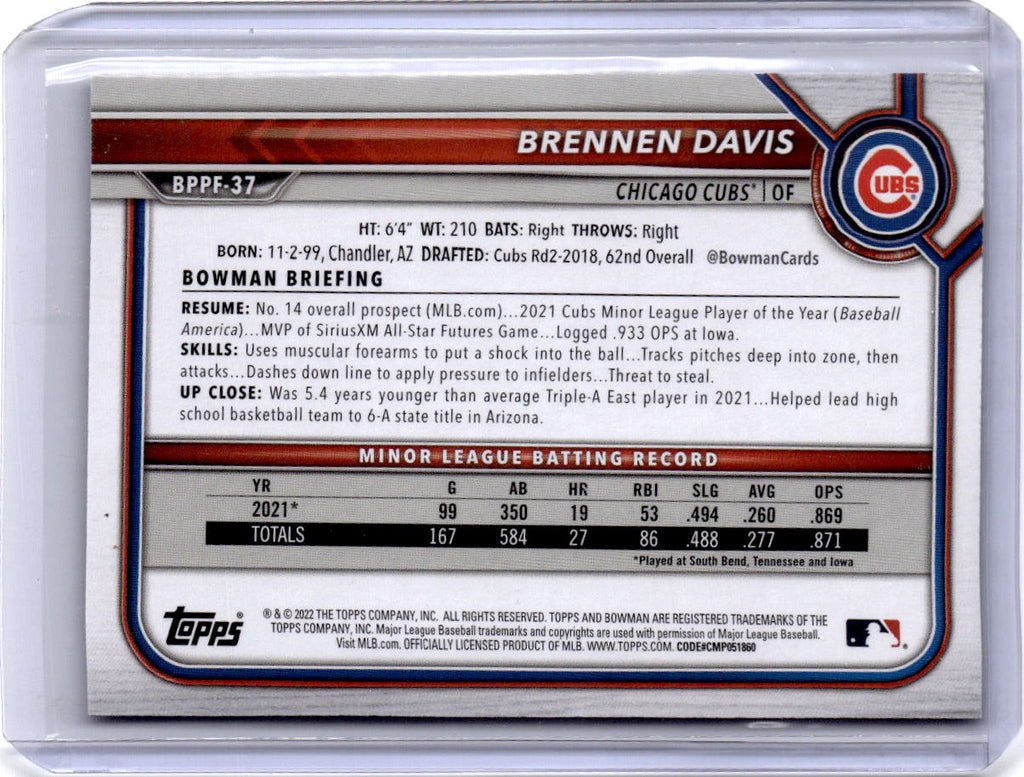 2022 Bowman 1st Edition #BPPF-37 Brennen Davis Sky Blue Foil
