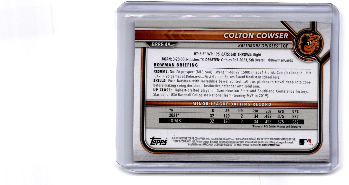 2022 Bowman 1st Edition #BPPF-49 Colton Cowser Sky Blue Foil