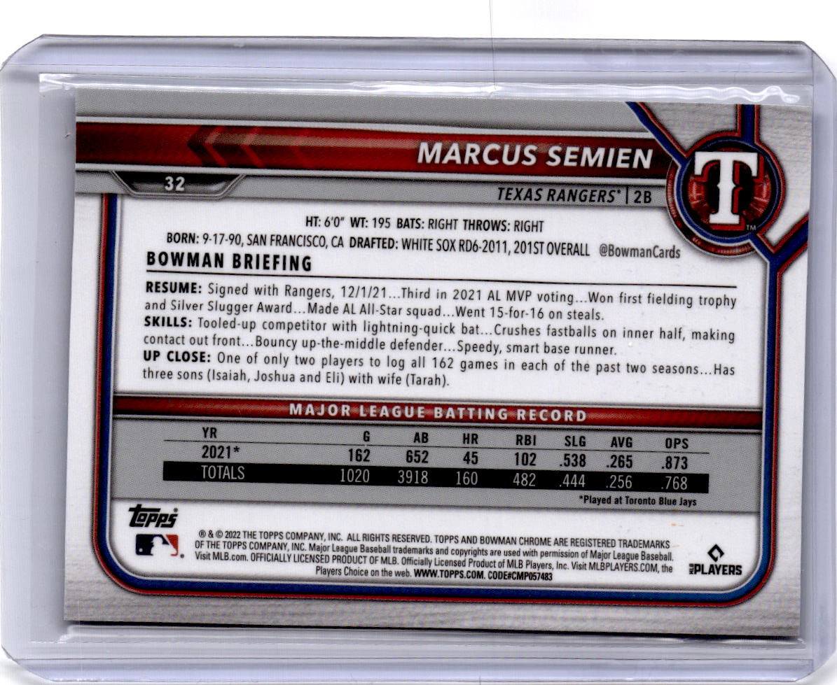 2022 Bowman Chrome Sapphire Edition #32 Marcus Semien Aqua #/99