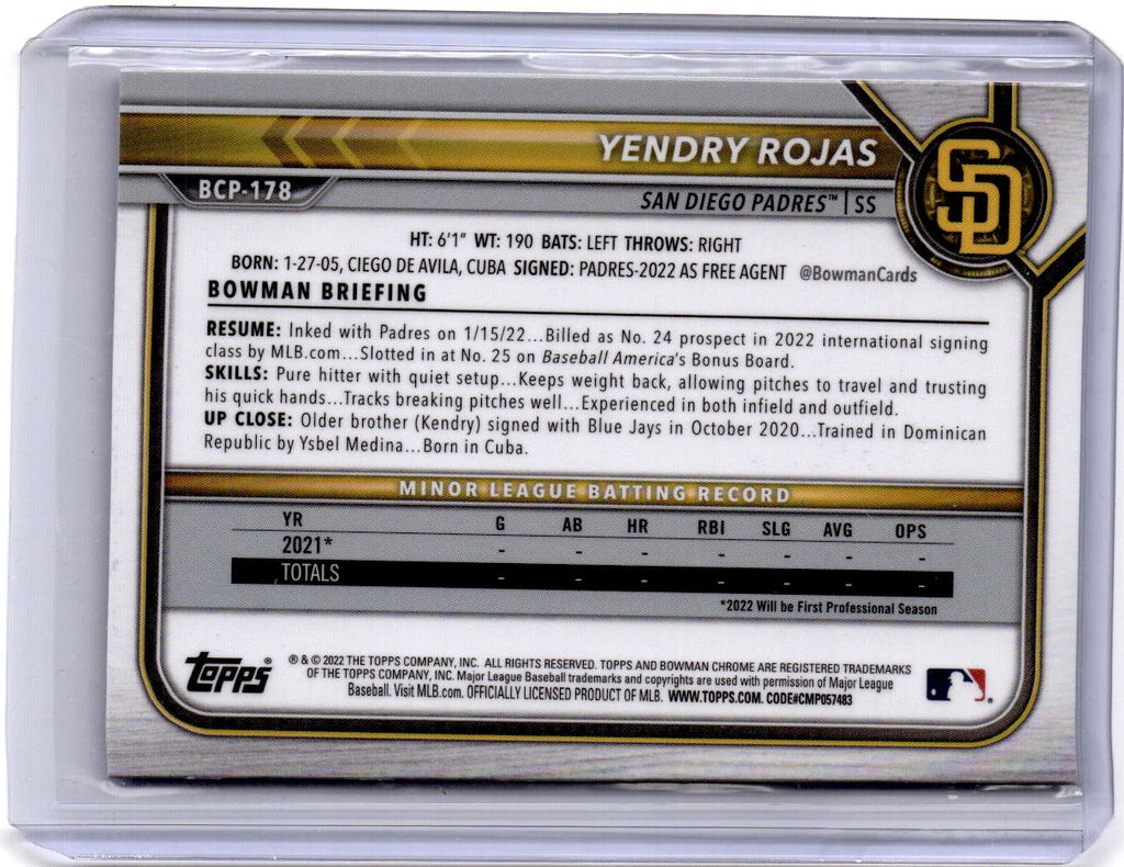 2022 Bowman Chrome Sapphire Edition #BCP-178 Yendry Rojas Prospects