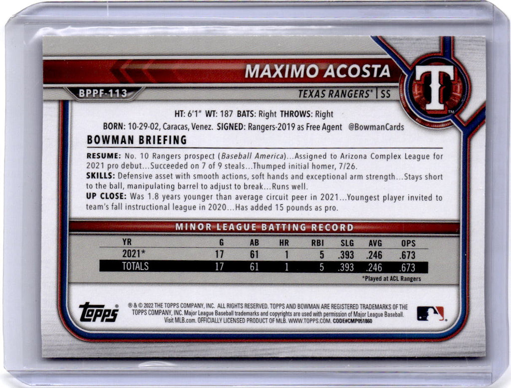 2022 Bowman 1st Edition #BPPF-113 Maximo Acosta Blue Foil #/150