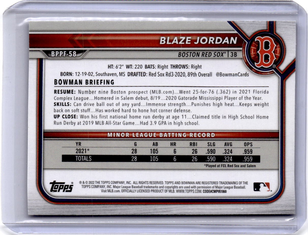 2022 Bowman 1st Edition #BPPF-58 Blaze Jordan Sky Blue Foil