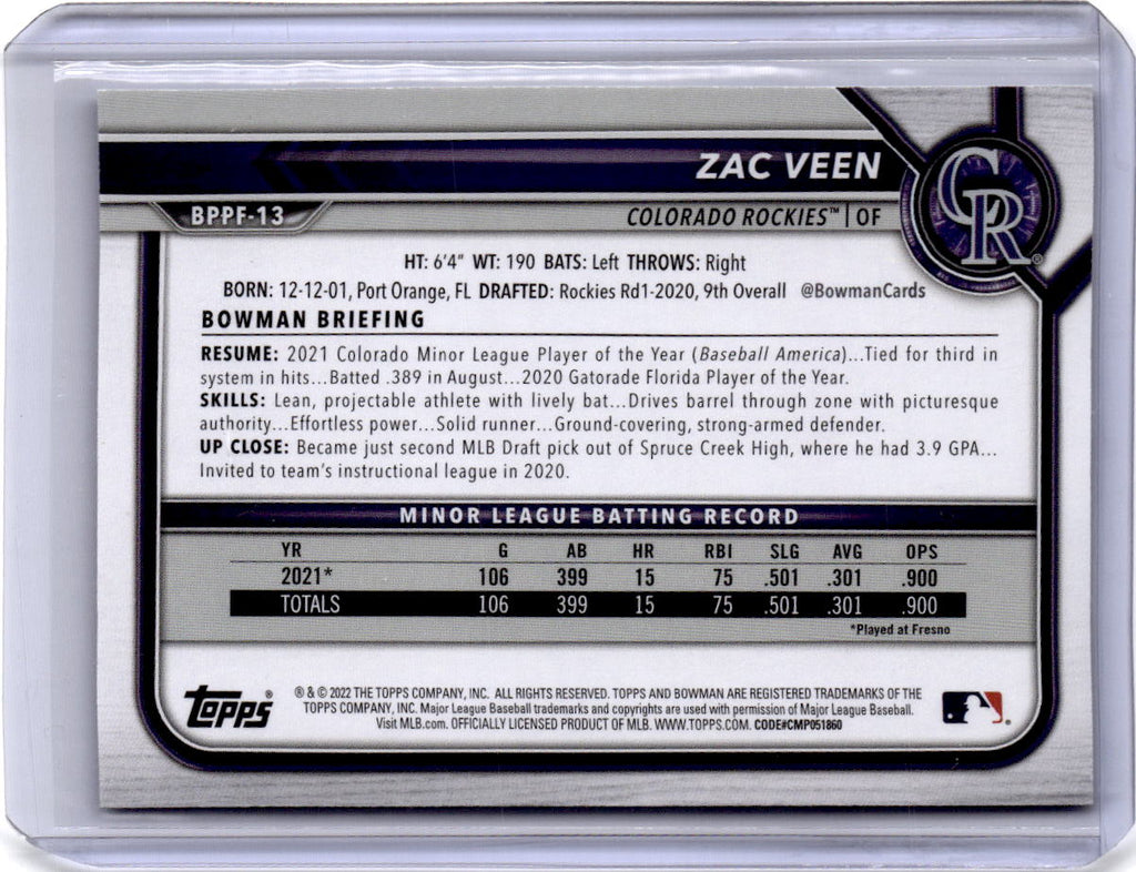 2022 Bowman 1st Edition #BPPF-13 Zac Veen Blue Foil #/150