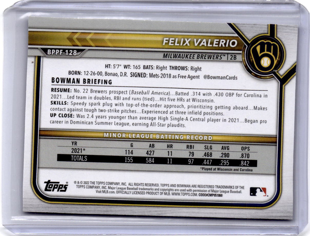 2022 Bowman 1st Edition #BPPF-128 Felix Valerio Blue Foil #/150