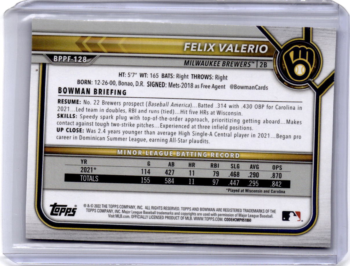 2022 Bowman 1st Edition #BPPF-128 Felix Valerio Blue Foil #/150