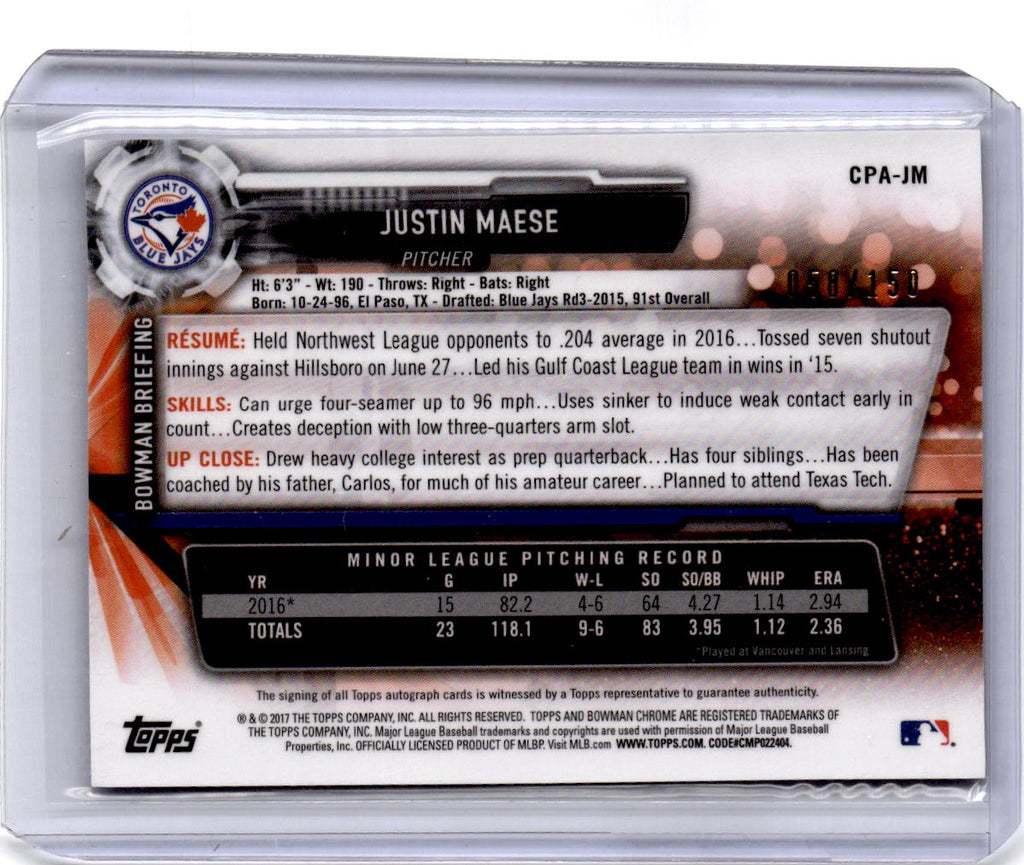 2017 Bowman #CPA-JM Justin Maese Chrome Prospect Autographs Blue #/150