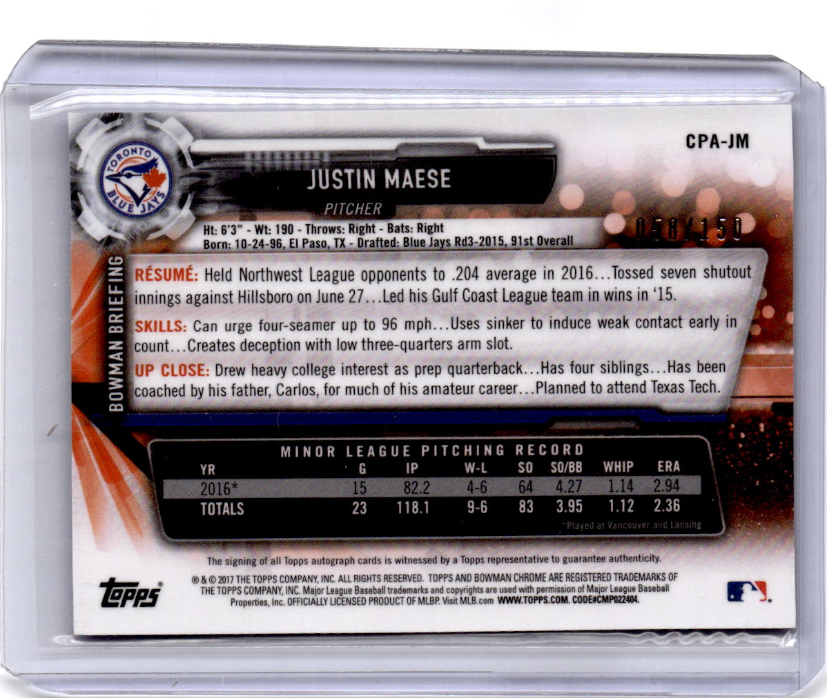 2017 Bowman #CPA-JM Justin Maese Chrome Prospect Autographs Blue #/150