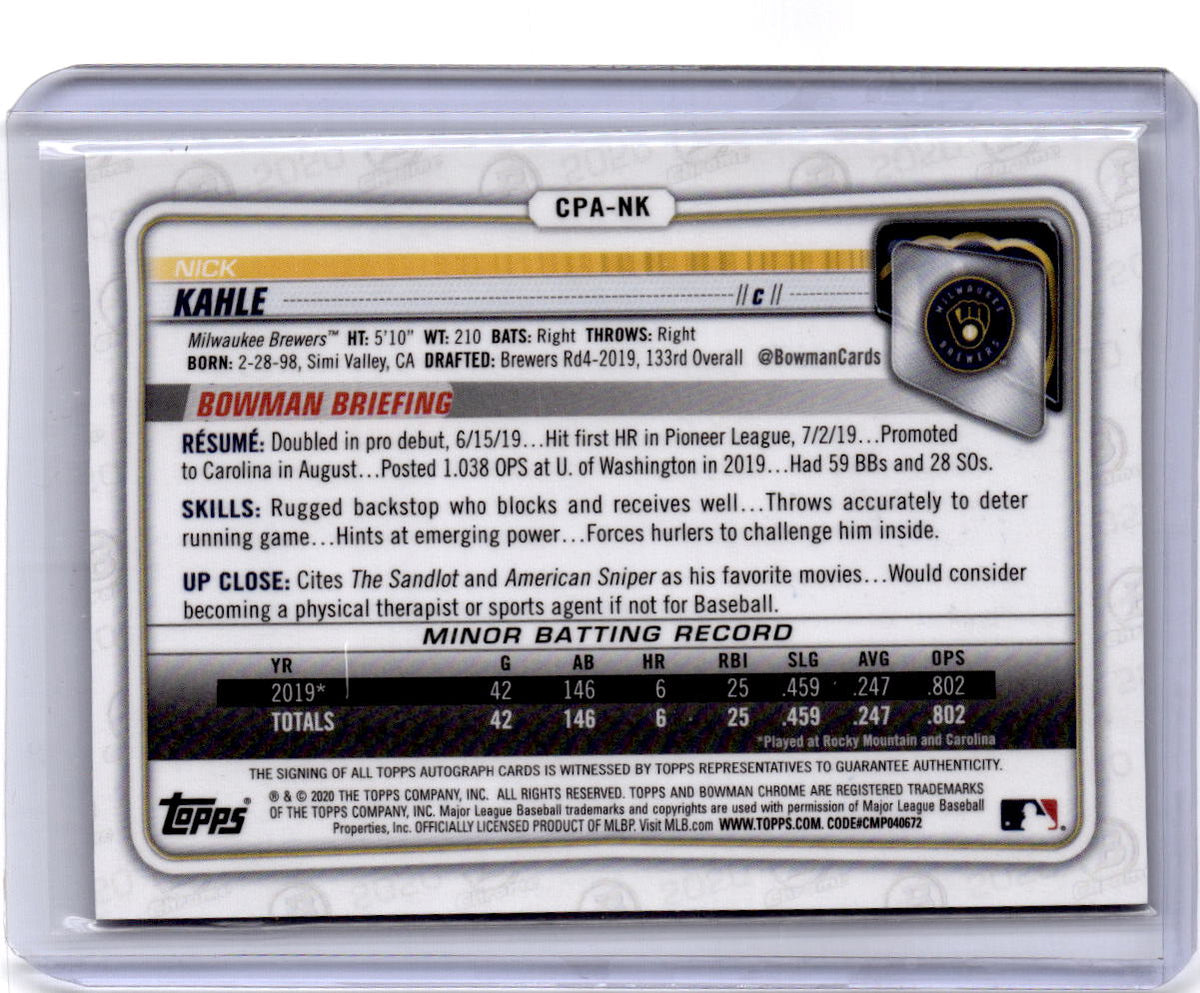 2020 Bowman Chrome #CPA-NK Nick Kahle Prospect Autographs