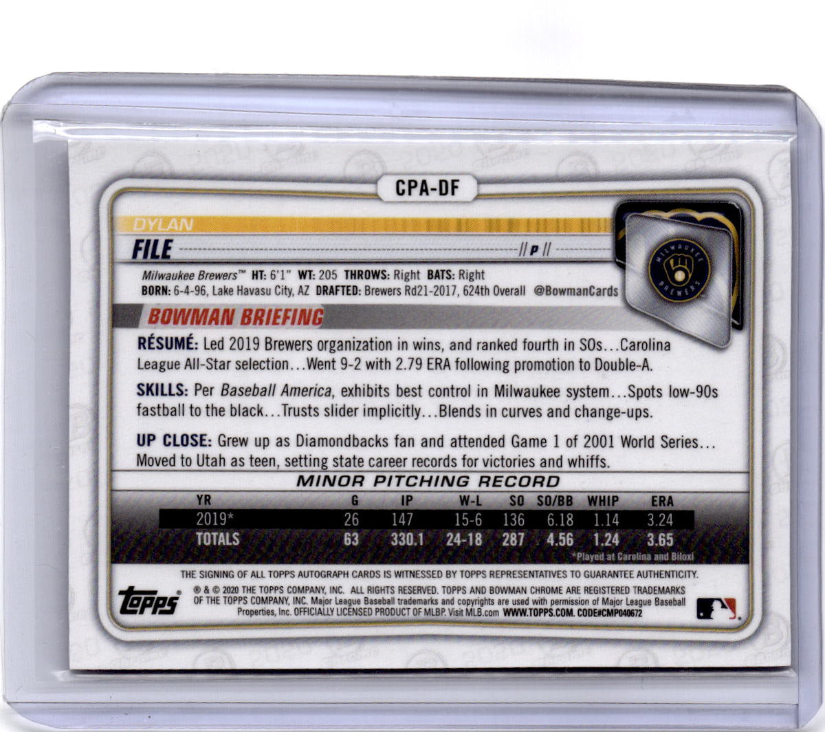 2020 Bowman Chrome #CPA-DF Dylan File Prospect Autographs