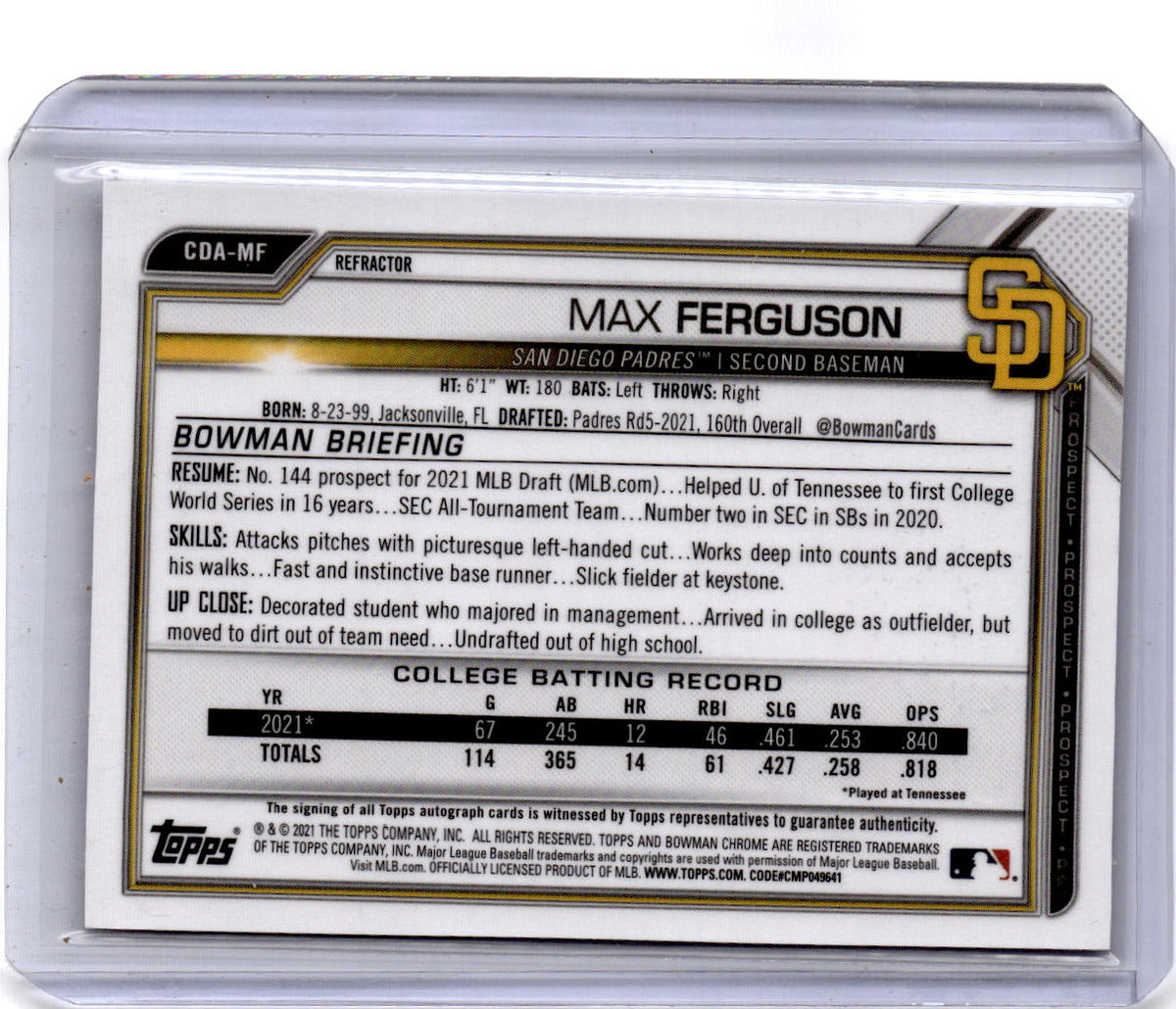2021 Bowman Draft  Max Ferguson Chrome Draft Pick Autographs Refractor #/499