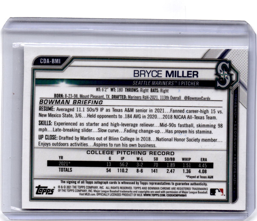 2021 Bowman Draft #CDA-BMI Bryce Miller Chrome Draft Pick Autographs
