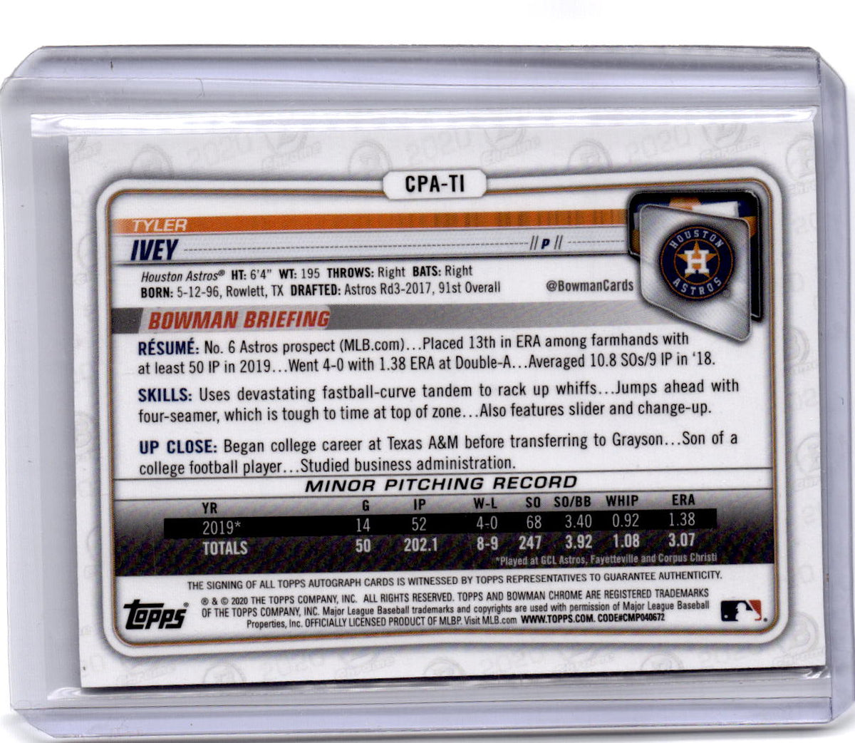 2020 Bowman Chrome #CPA-TI Tyler Ivey Prospect Autographs