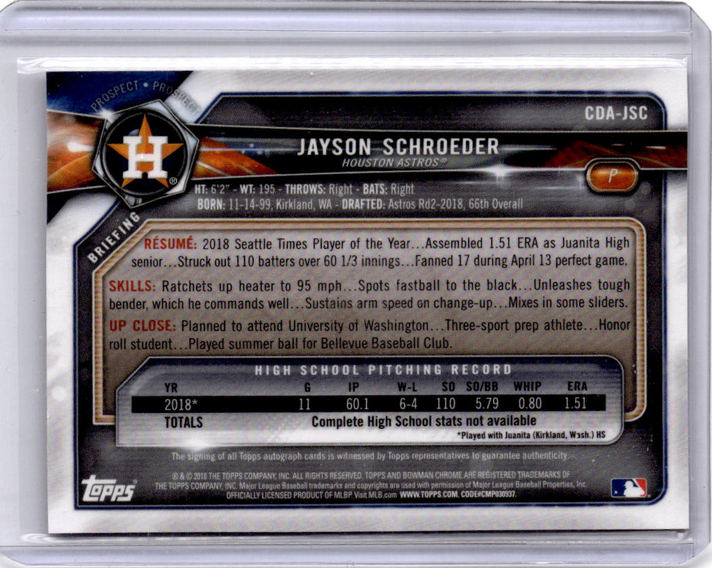 2018 Bowman Draft #CDA-JSC Jayson Schroeder Chrome Draft Pick Autographs