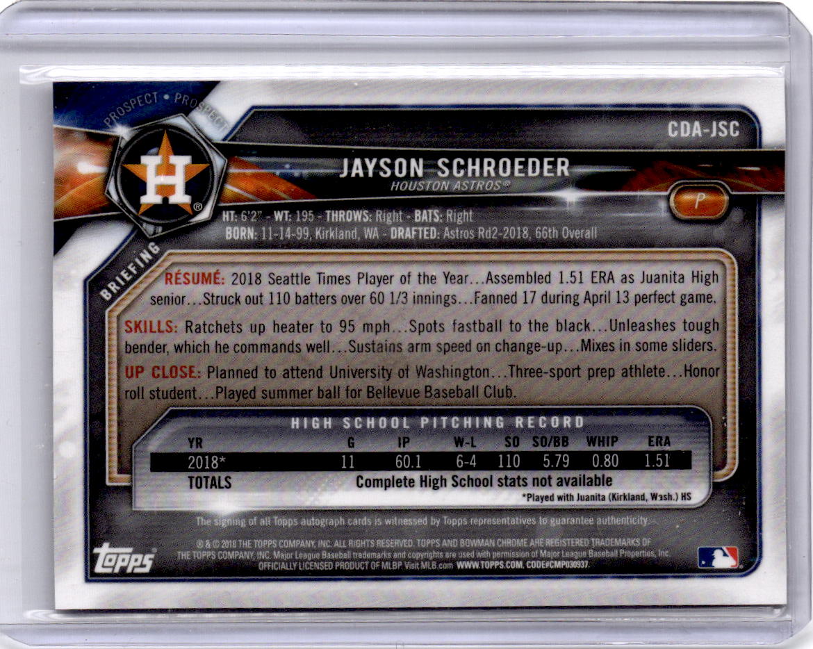 2018 Bowman Draft #CDA-JSC Jayson Schroeder Chrome Draft Pick Autographs