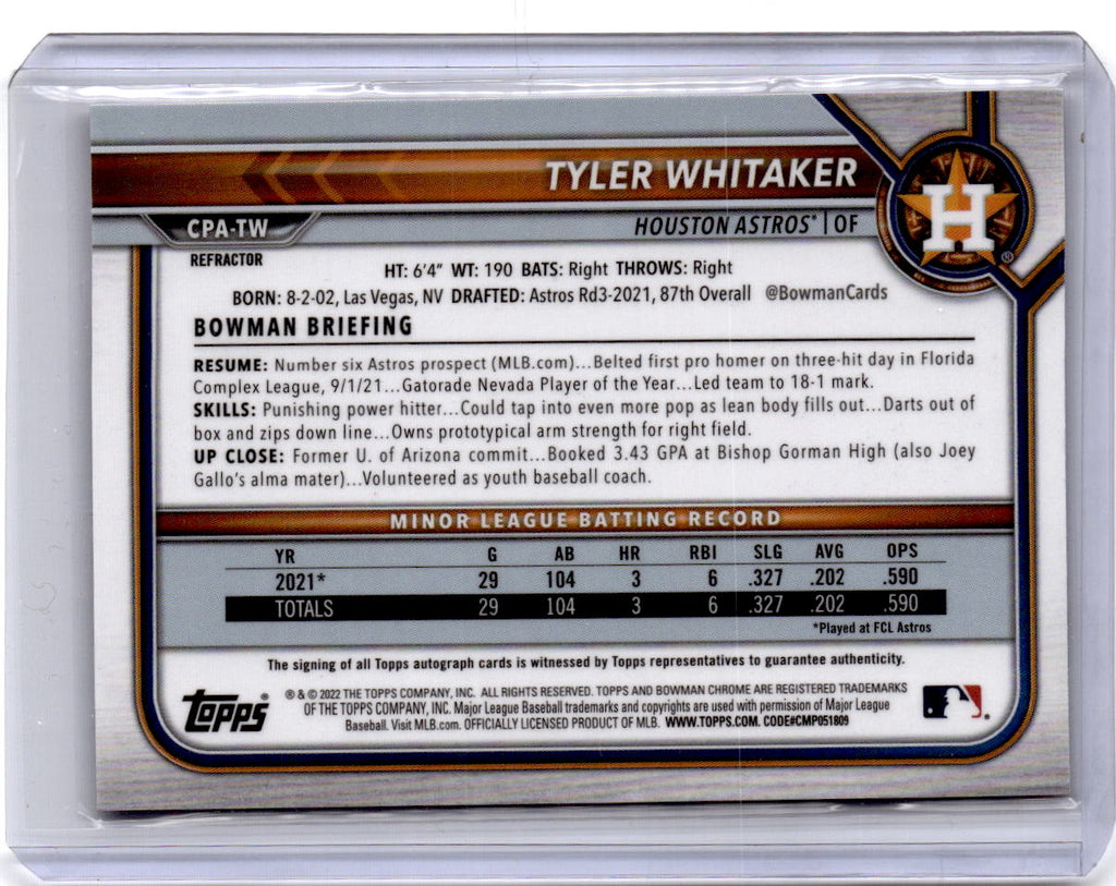 2022 Bowman #CPA-TW Tyler Whitaker Chrome Prospects Autographs Refractors #/499