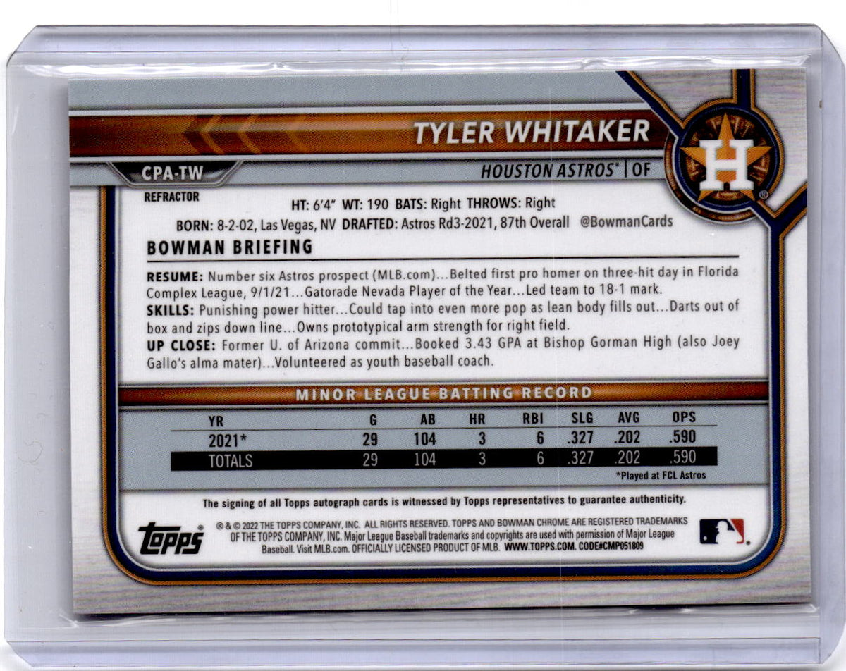 2022 Bowman #CPA-TW Tyler Whitaker Chrome Prospects Autographs Refractors #/499