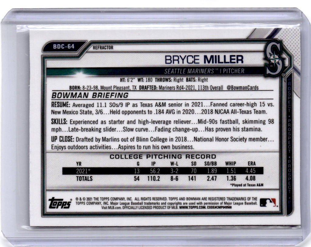 2021 Bowman Draft #BDC-64 Bryce Miller Chrome Refractor