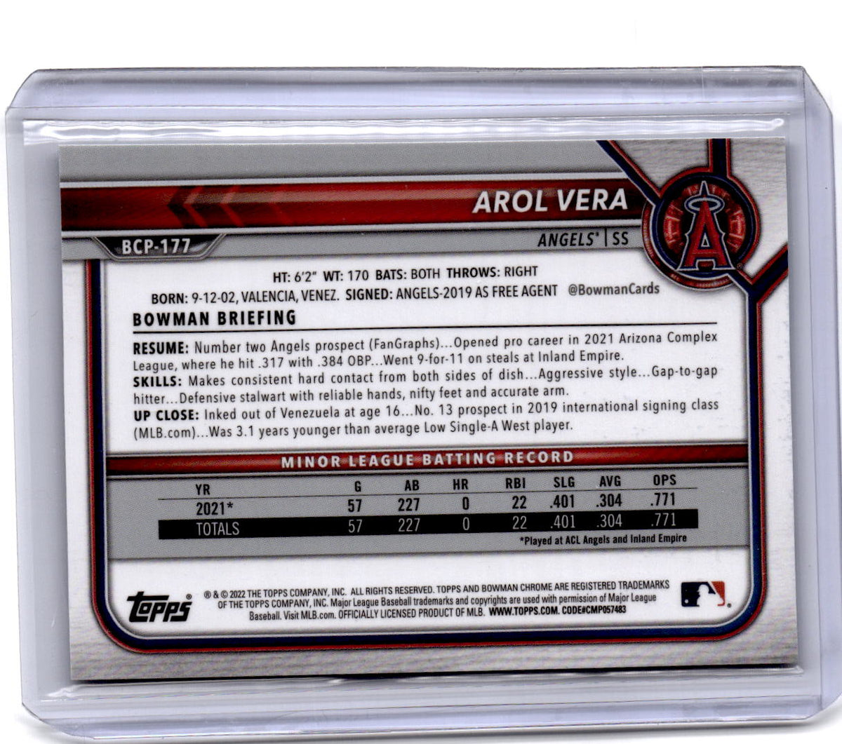 2022 Bowman Chrome Sapphire Edition #BCP-177 Arol Vera Prospects Aqua #/99