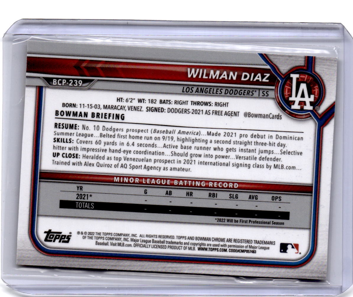 2022 Bowman Chrome Sapphire Edition #BCP-239 Wilman Diaz Prospects Yellow #/50