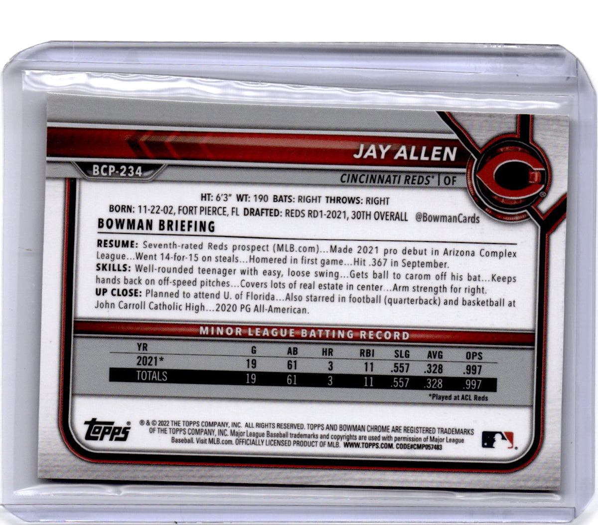 2022 Bowman Chrome Sapphire Edition #BCP-234 Jay Allen Prospects Yellow #/50