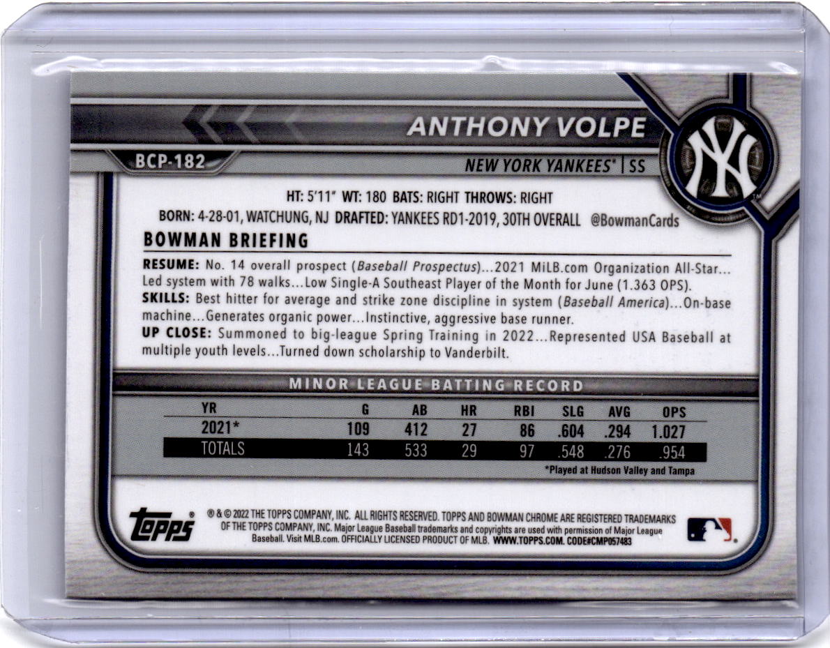 2022 Bowman Chrome Sapphire Edition #BCP-182 Anthony Volpe Prospects