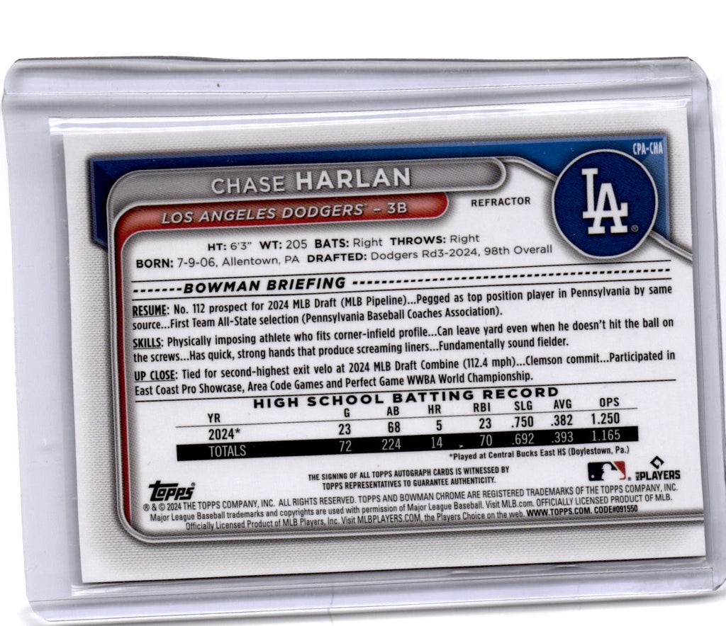 2024 Bowman Draft Chase Harlan Chrome Prospect Autographs Refractor #/499