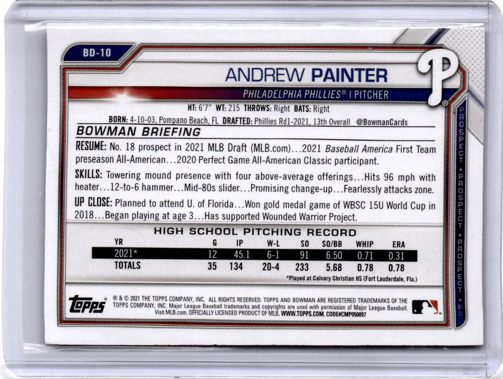 2021 Bowman Draft 1st Edition #BD-10 Andrew Painter Gold Foil #/50