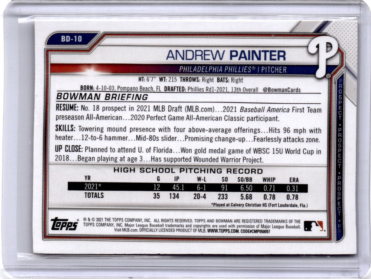 2021 Bowman Draft 1st Edition #BD-10 Andrew Painter Gold Foil #/50