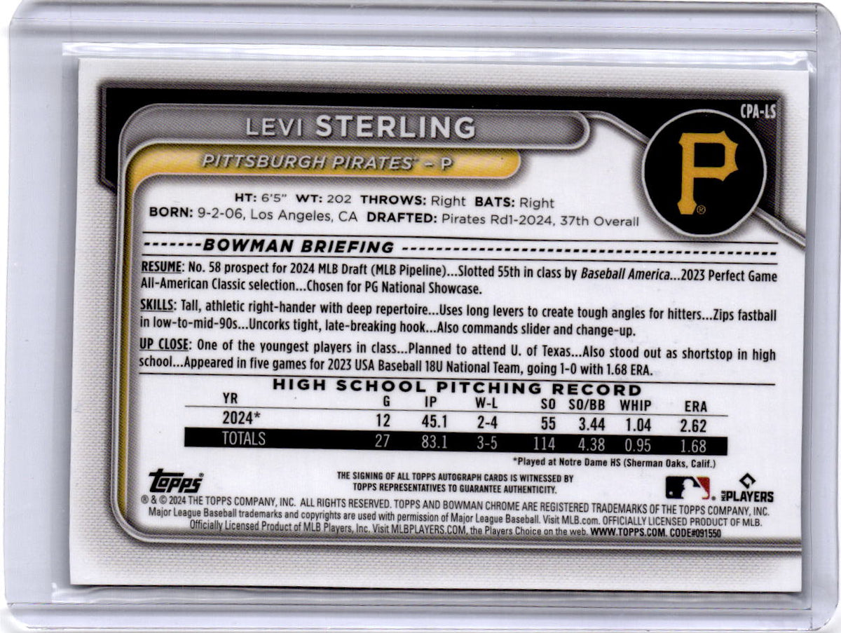 2024 Bowman Draft #CPA-LS Levi Sterling Chrome Prospect Autographs Aqua Lava/199