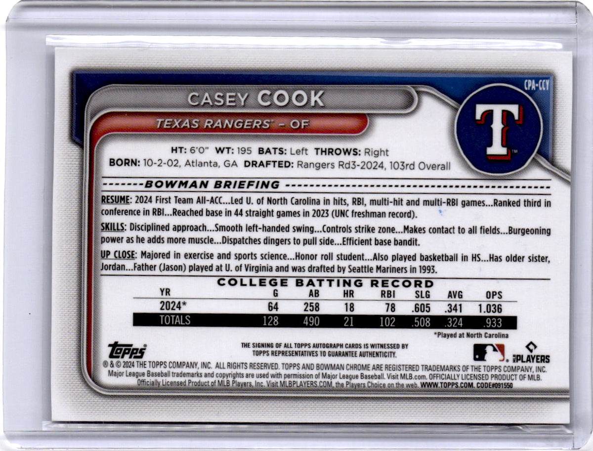 2024 Bowman Draft Casey Cook Chrome Prospect Autographs Speckle Refractor /71