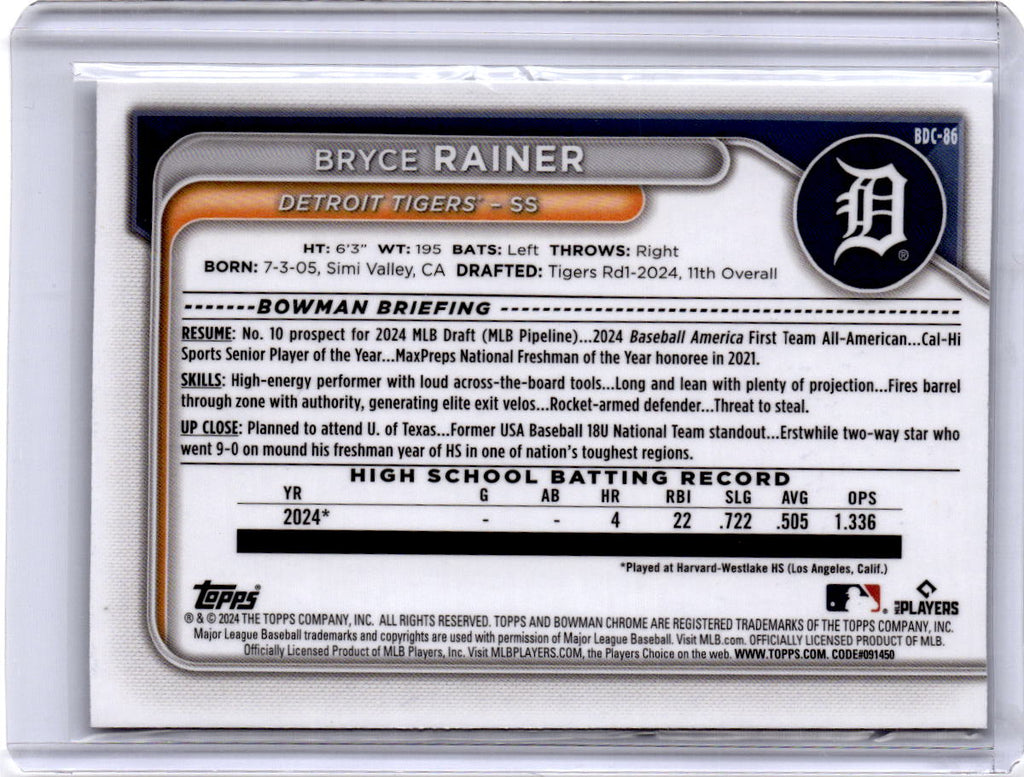 2024 Bowman Draft #BDC-86 Bryce Rainer Chrome Lunar Glow Refractor