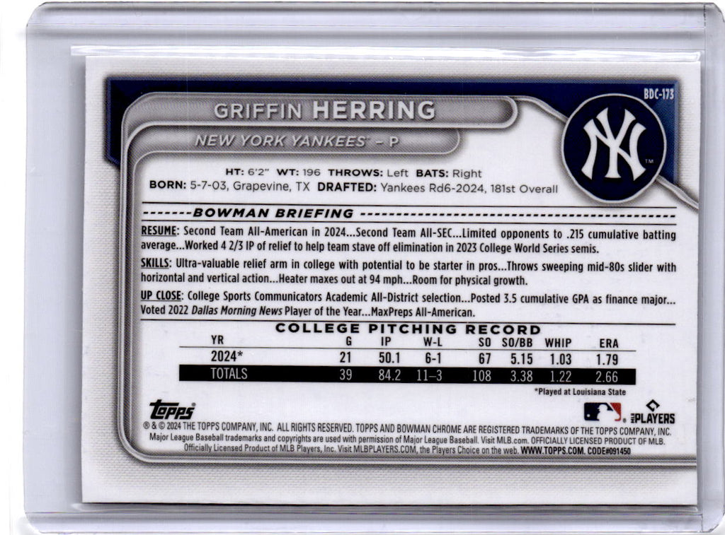 2024 Bowman Draft Griffin Herring Chrome Yellow Lunar Crater Refractor #/75