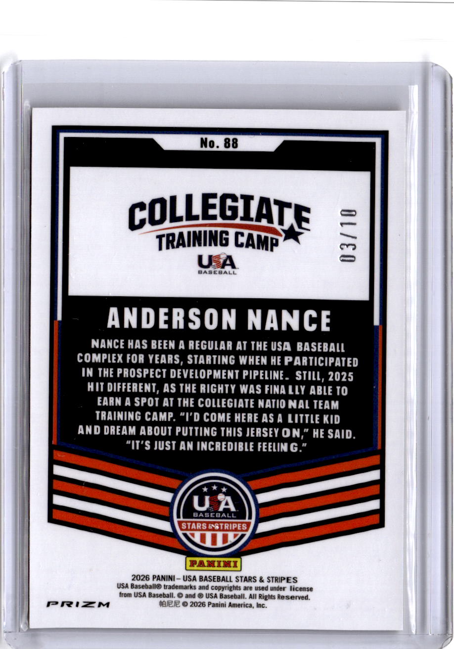 2026 Panini Stars & Stripes Prizm USA Baseball #88 Anderson Nance Gold