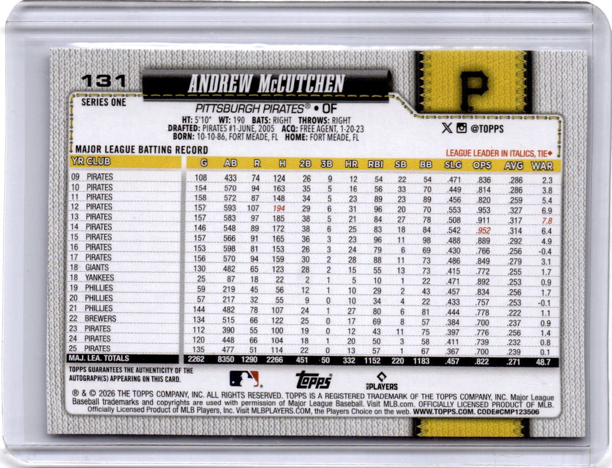 2026 Topps #131 Andrew McCutchen Flagship Real One Autographs