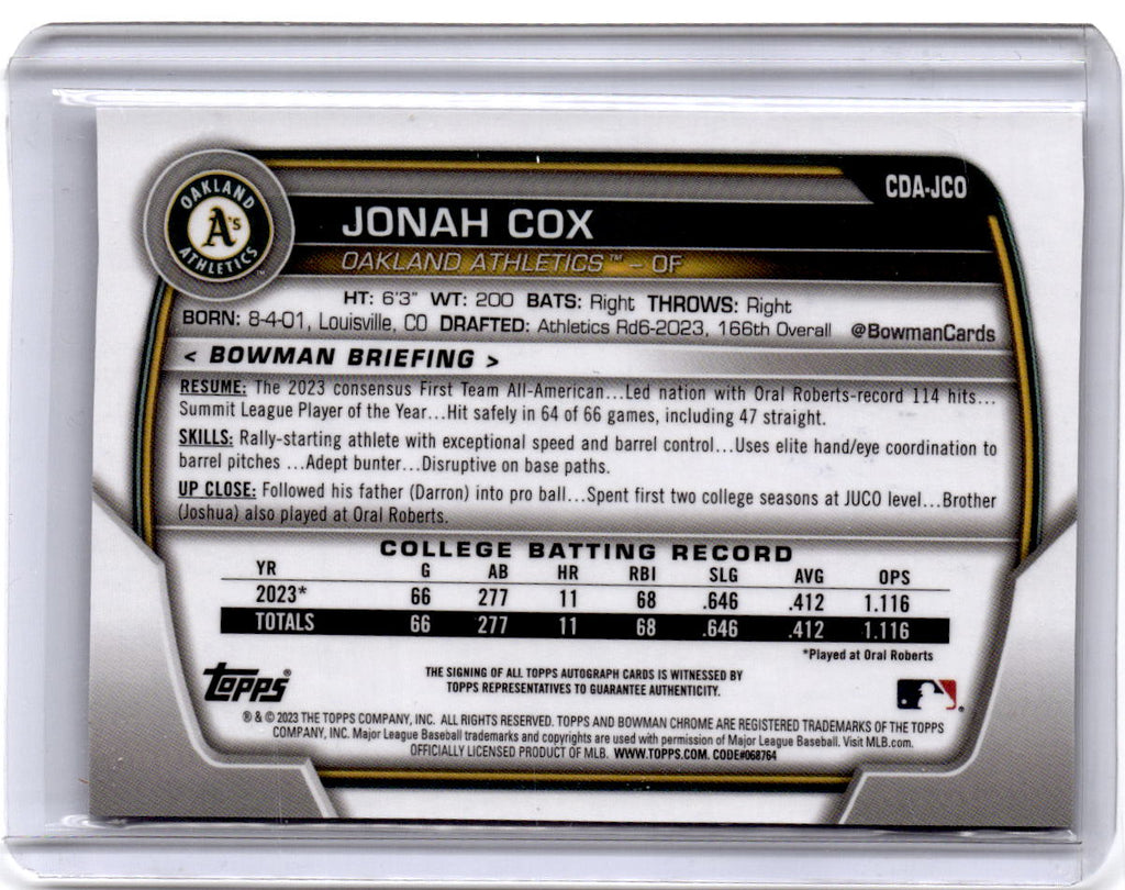 2023 Bowman Draft #CDA-JCO Jonah Cox Chrome Prospect Autographs