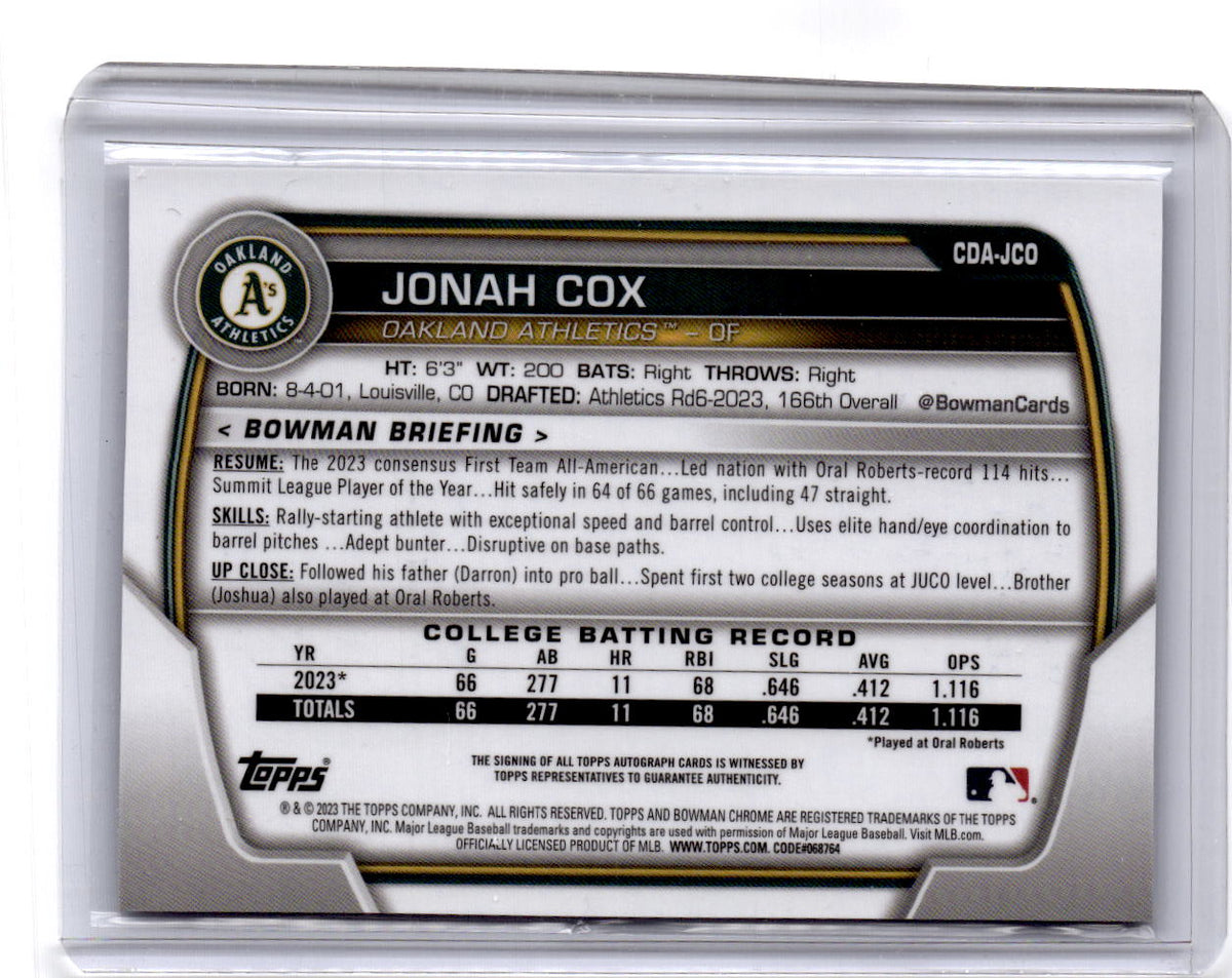 2023 Bowman Draft #CDA-JCO Jonah Cox Chrome Prospect Autographs
