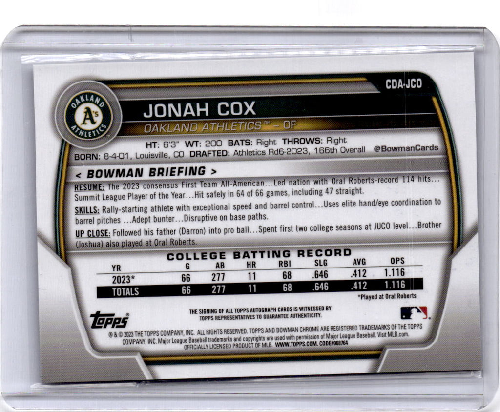 2023 Bowman Draft #CDA-JCO Jonah Cox Chrome Prospect Autographs