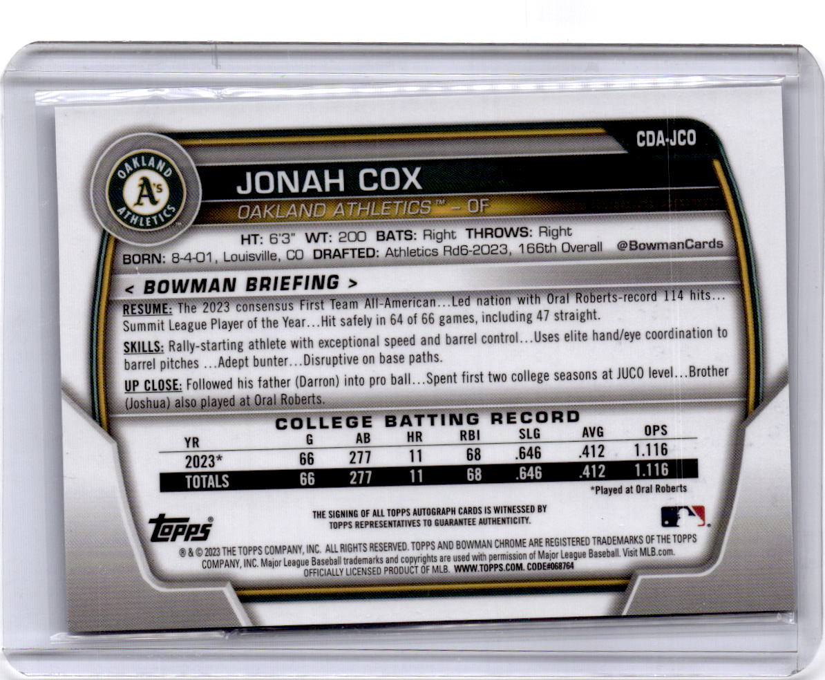 2023 Bowman Draft #CDA-JCO Jonah Cox Chrome Prospect Autographs