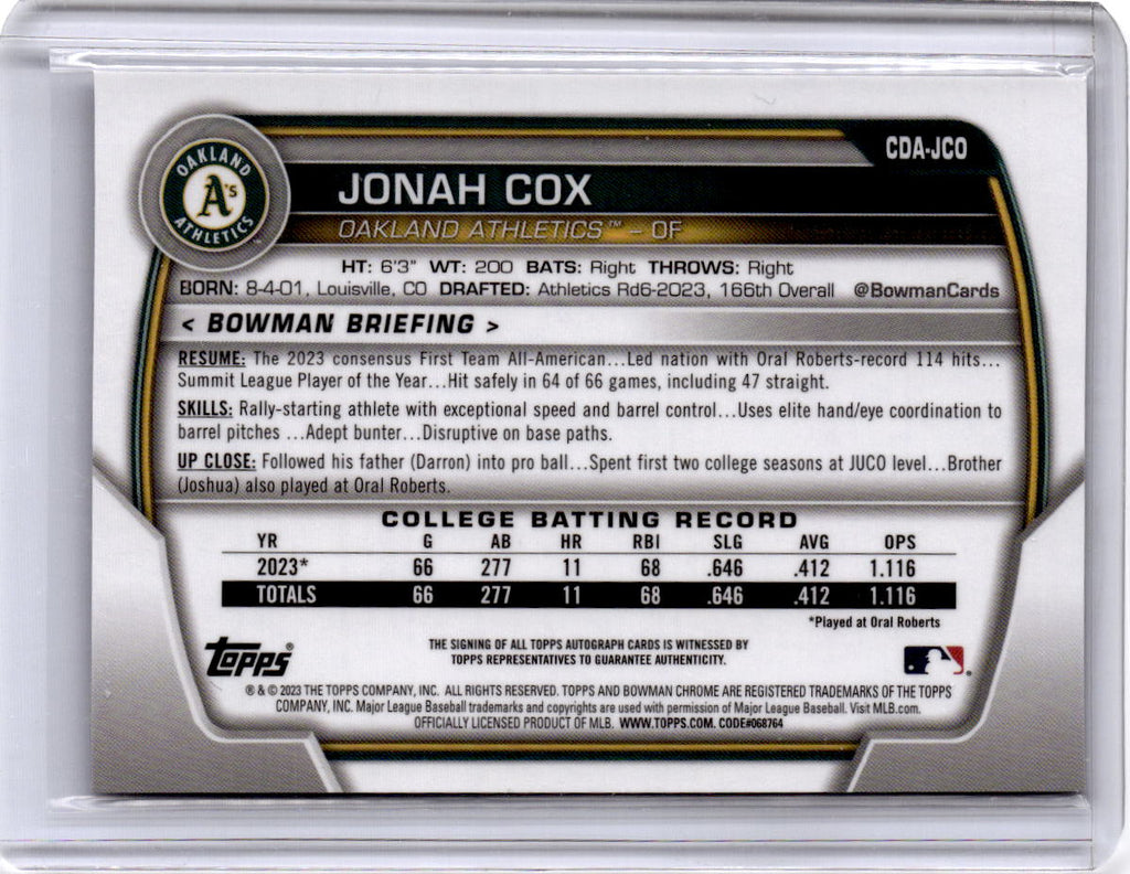 2023 Bowman Draft #CDA-JCO Jonah Cox Chrome Prospect Autographs