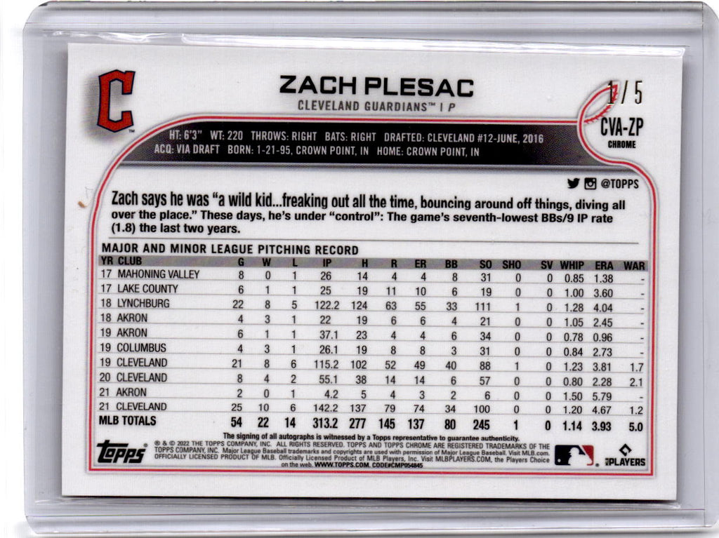 2022 Topps Chrome #CVA-ZP Zach Plesac Veteran Autographs Red Refractor /5