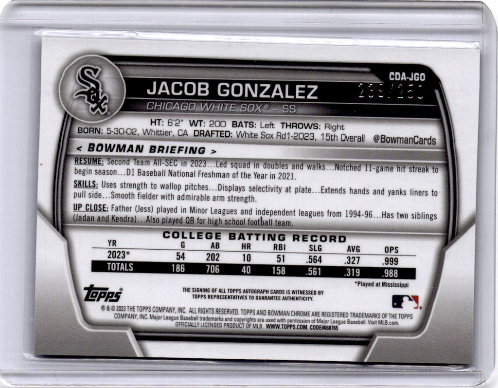 2023 Bowman Draft Jacob Gonzalez Chrome Autographs Purple Refractor /250